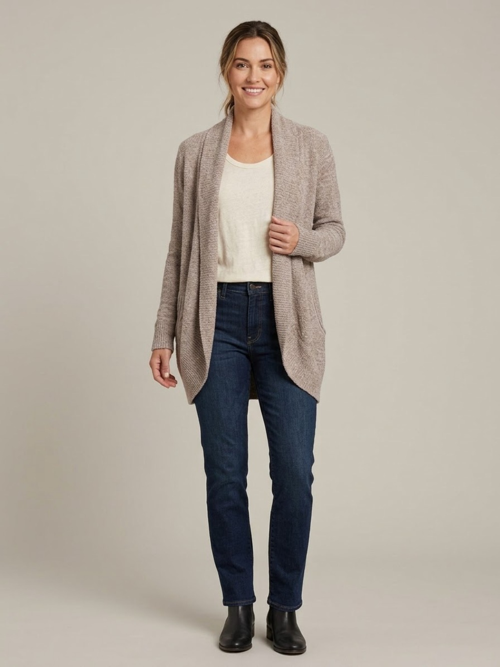 NWT Barefoot Dreams CozyChic Lite Circle Cardigan M Cocoa Pearl